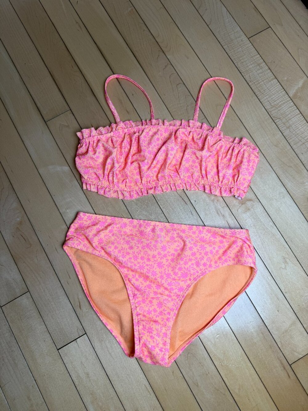 Wonder Nation Pink Orange Floral Ruffled Bandeau Two 2 Piece Bikini Size L 10-12